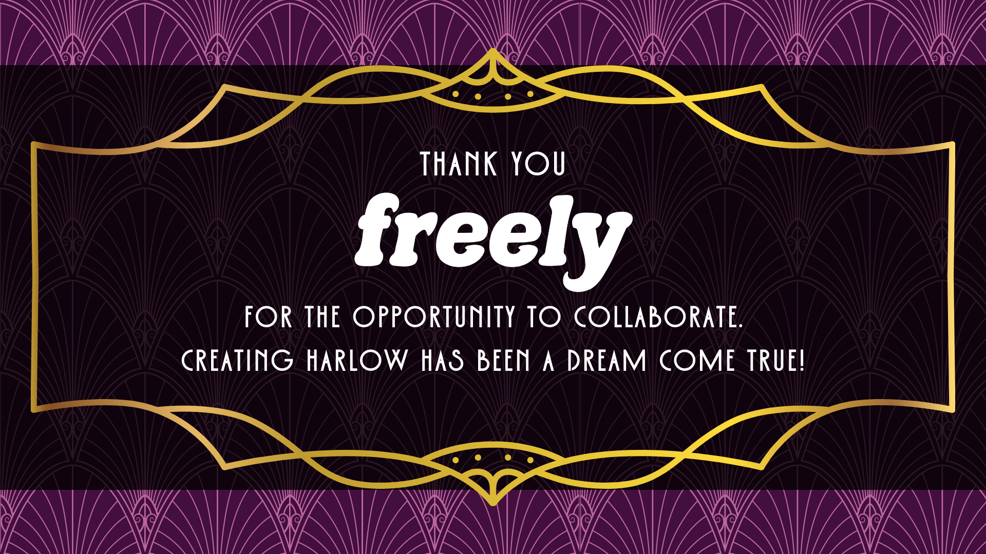 black and purple background, white text: thank you to FREELY TOYS for the collaboration and helping create Harlow by Violet Fawkes