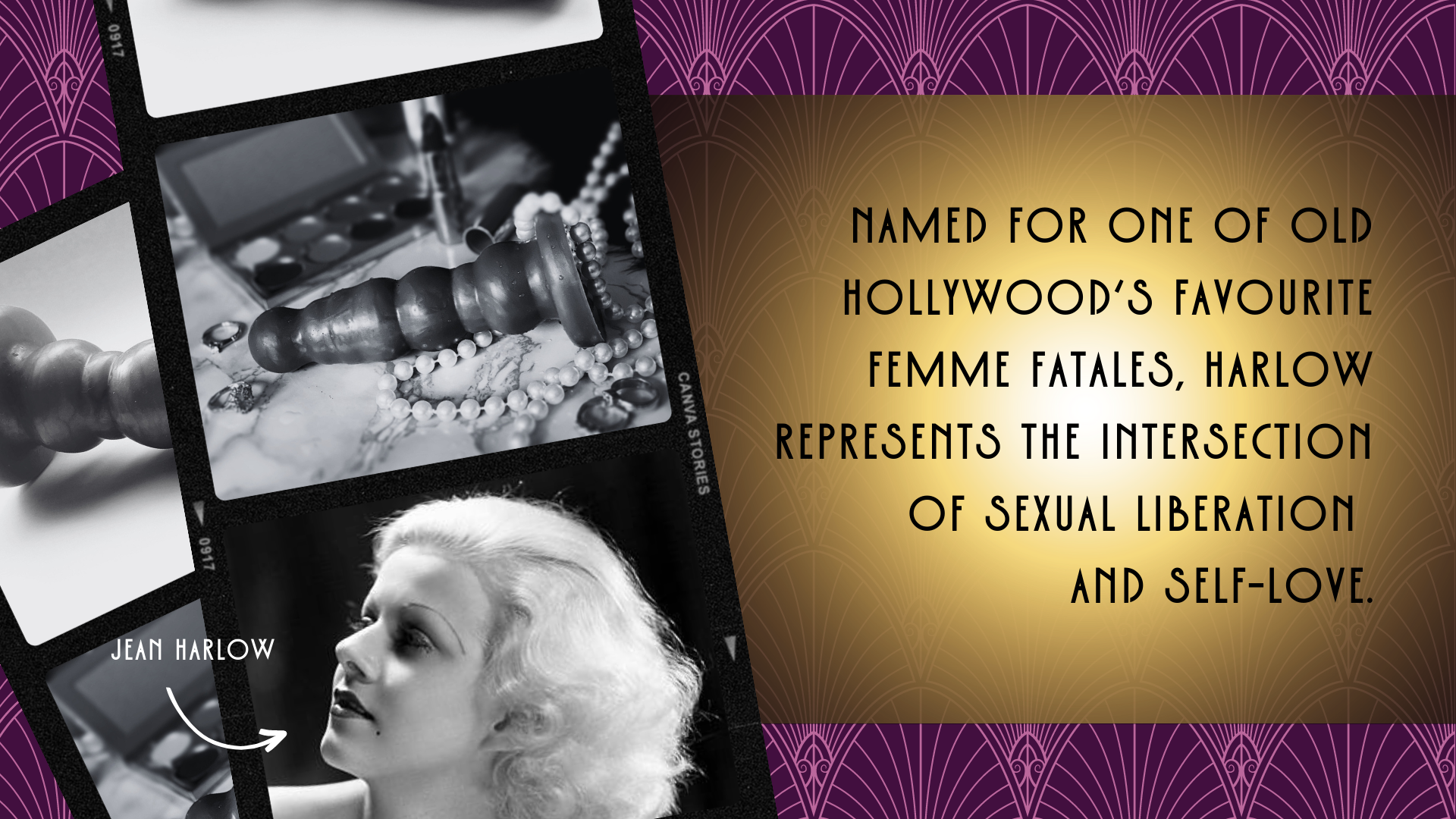 film strips with the Harlow dildo by Violet Fawkes and a pic of Jean Harlow.