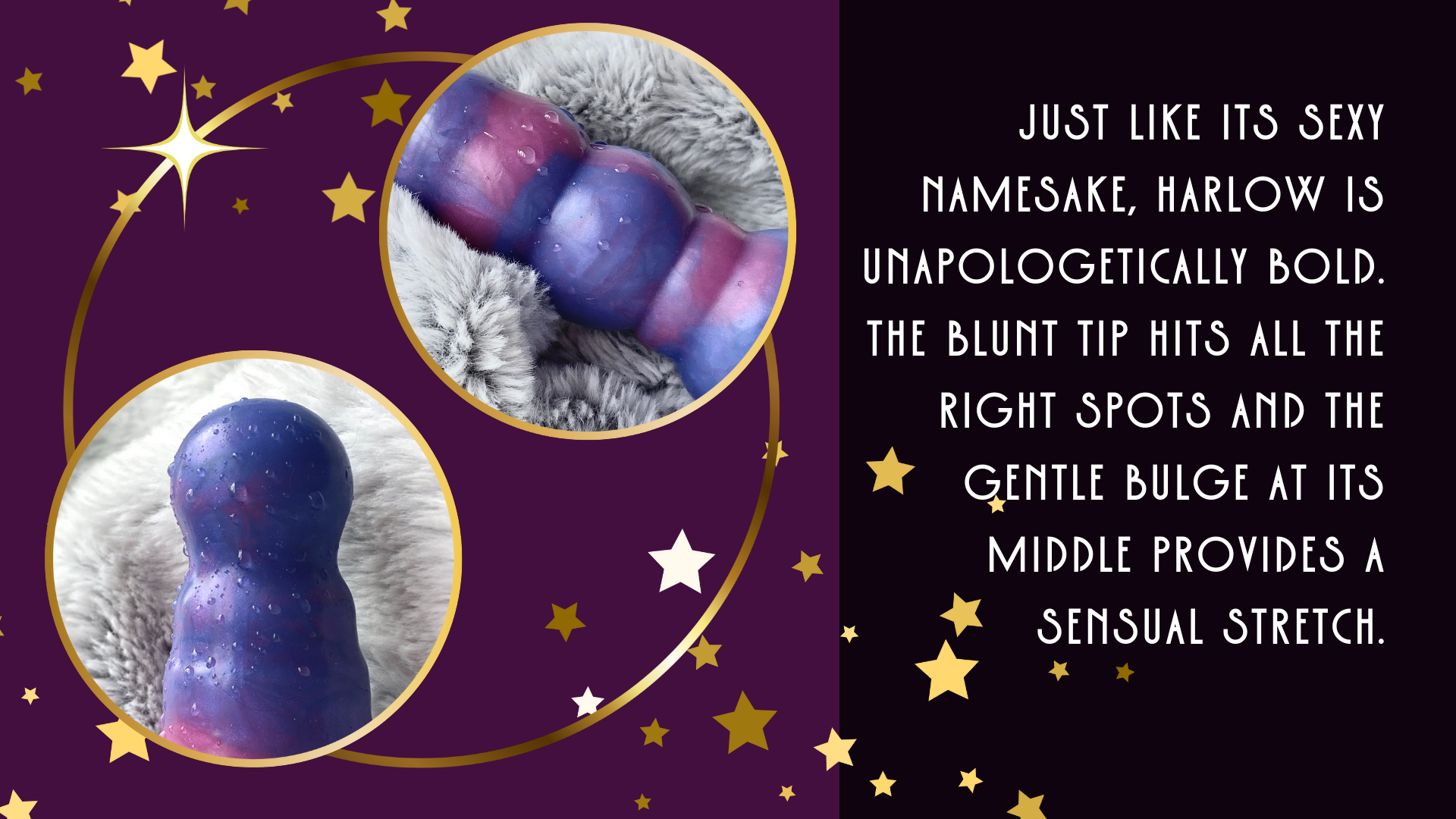 purple and black background, two round images, close ups of the dildo, Harlow by Violet Fawkes