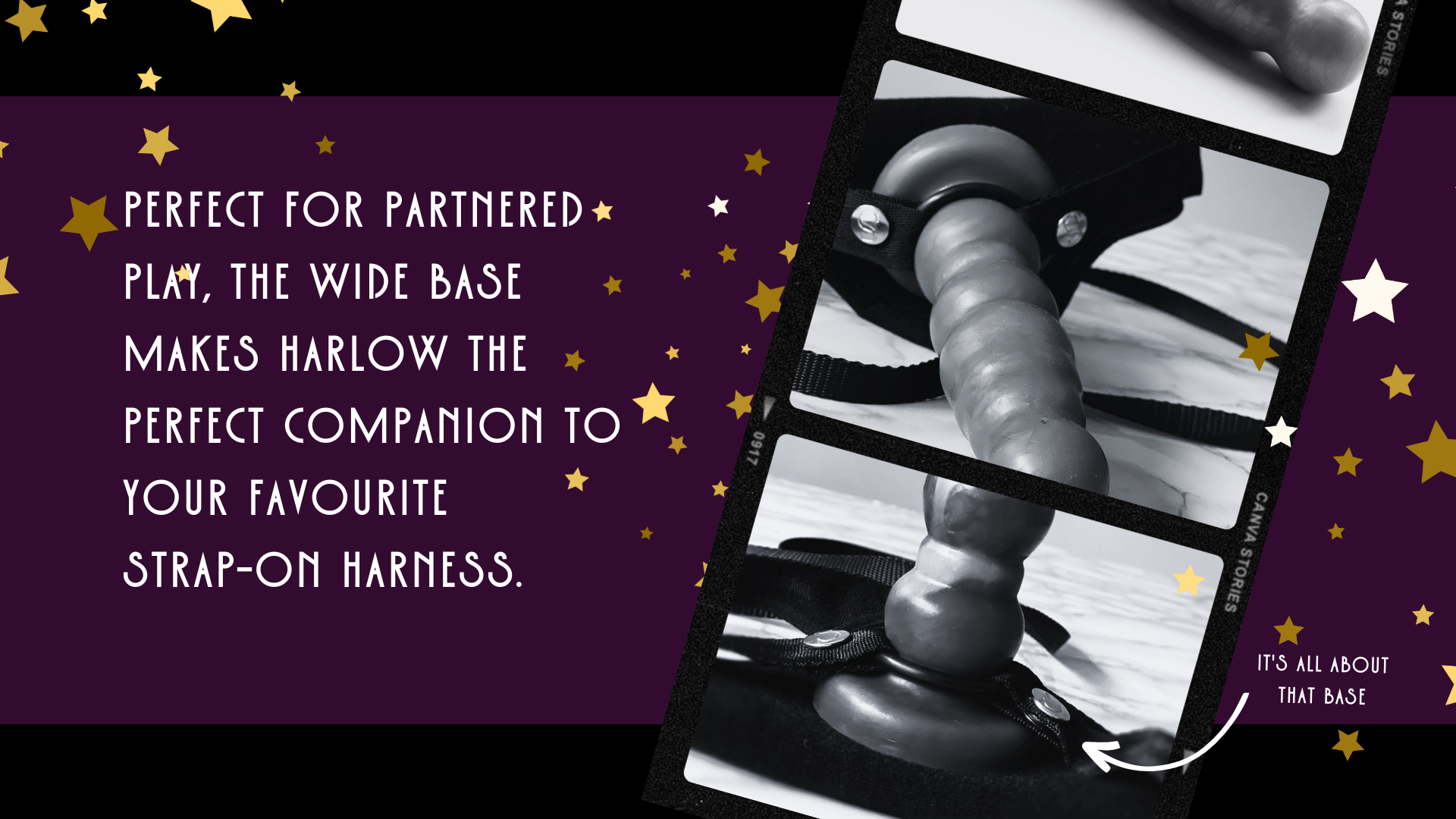 b&w film strips: images of Harlow by Violet Fawkes, the best dildo ever, in a strap on harness.